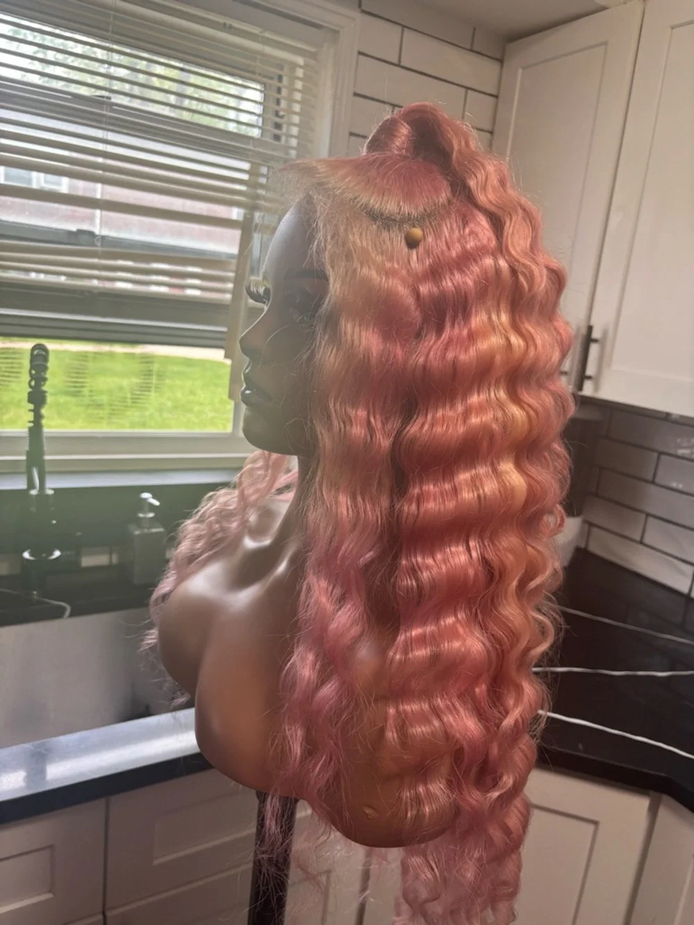Human Hair Lace Front Wig- Long Wavy Pink Blonde Unit - Picture 4 of 8